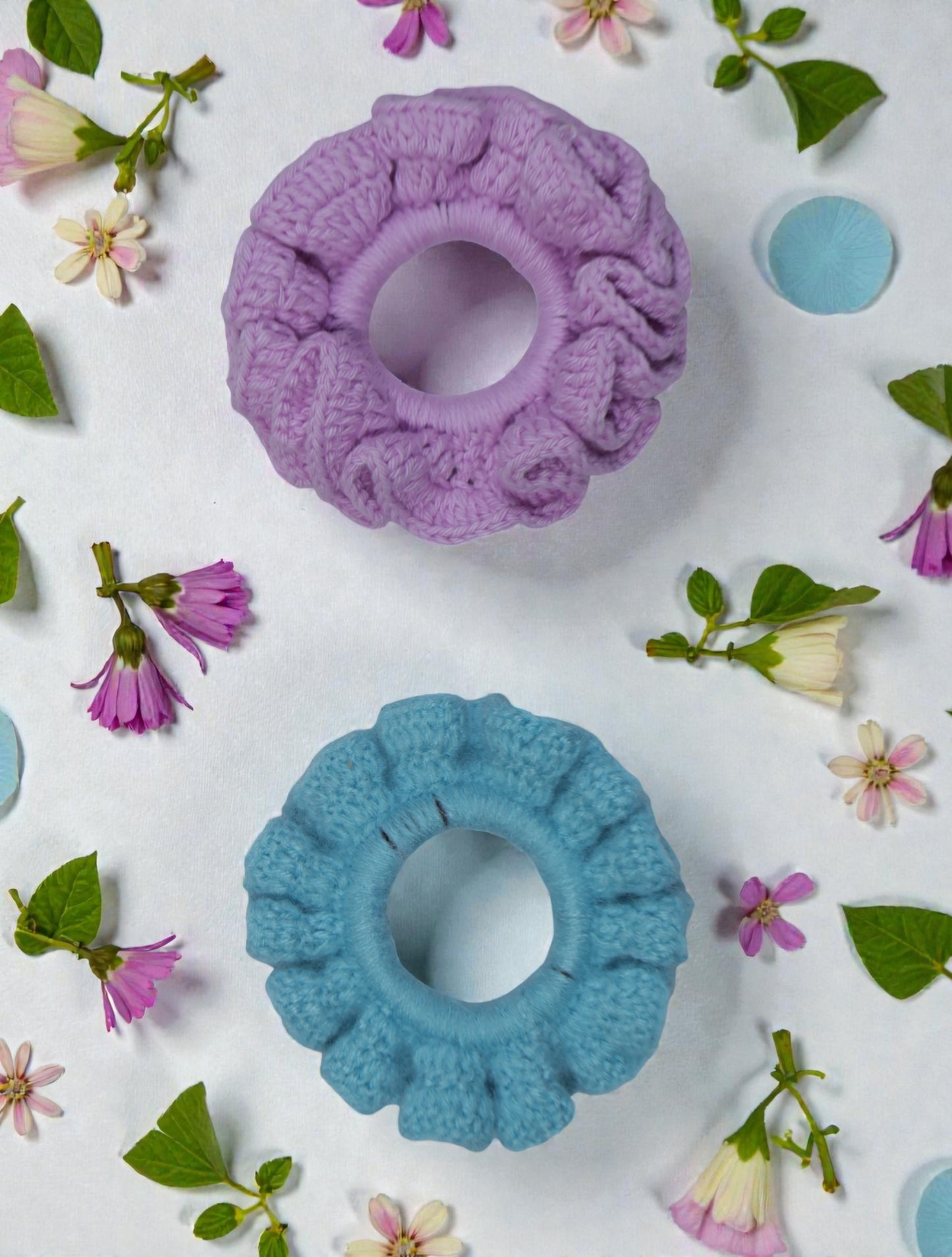 Handmade Wool Scrunchie | Soft Crochet Hair Tie | Pack of 2 | Lavender & Sky Blue