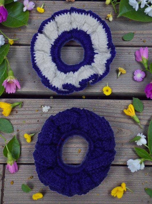 Handmade Wool Scrunchie Set | Navy Blue & White Crochet Hair Ties (Pack of 2)