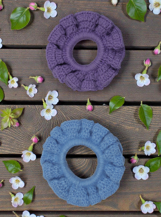 Handmade Crochet Scrunchies | Lavender & Dusty Blue | Soft Wool Hair Accessories | Set of 2