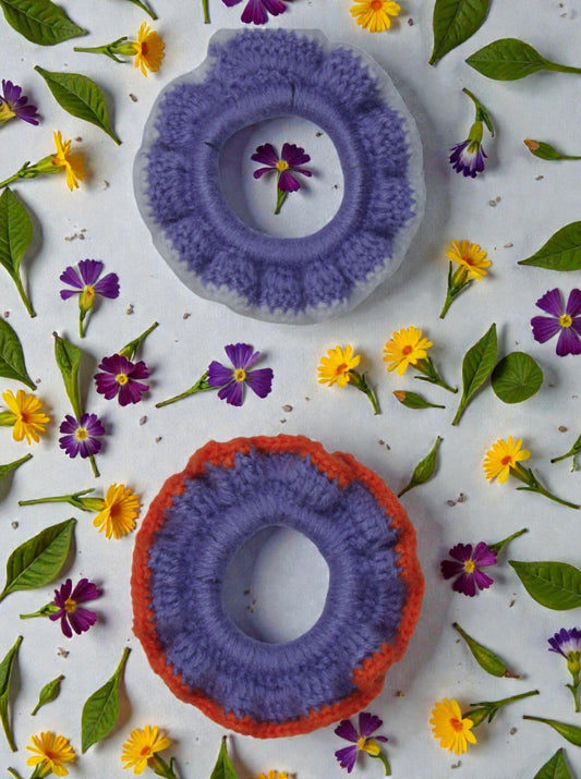 Handmade Crochet Wool Scrunchies (Set of 2) – Lavender & Violet-Orange | Soft Hair Tie Set