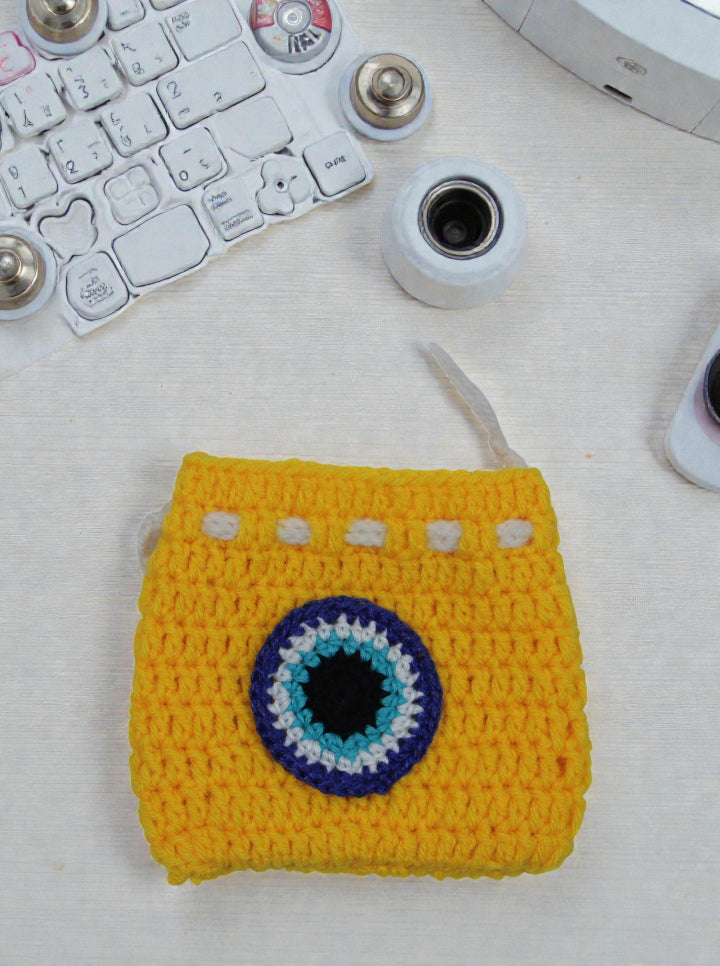 Handmade Crochet Small Pouch – Yellow Evil Eye | Mini Coin & Accessory Pouch