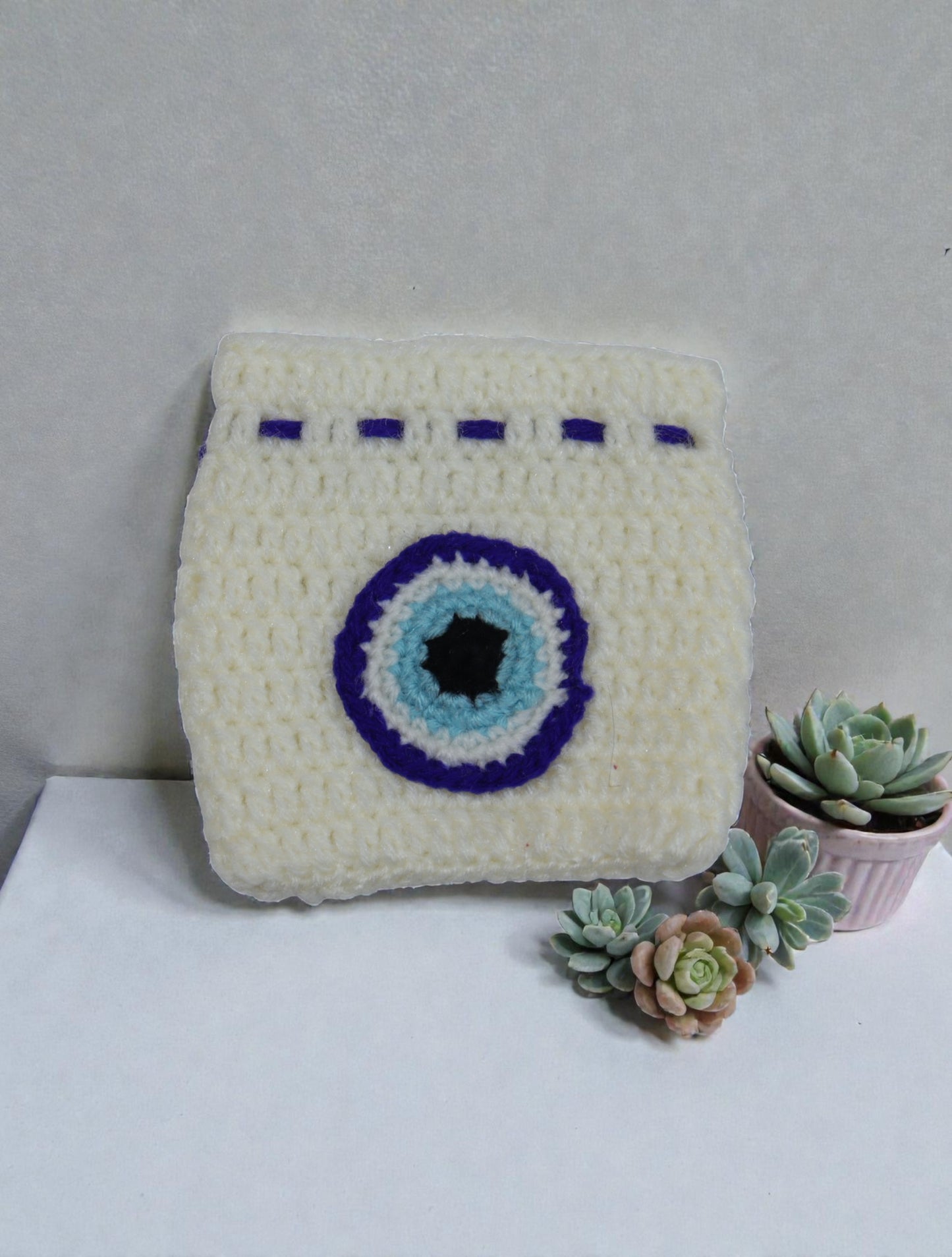 Handmade Crochet Small Pouch – White Evil Eye | Mini Coin & Jewelry Pouch