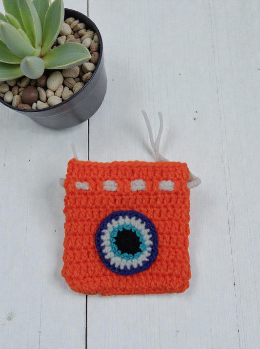 Handmade Crochet Small Pouch – Orange Evil Eye | Mini Coin & Accessory Pouch