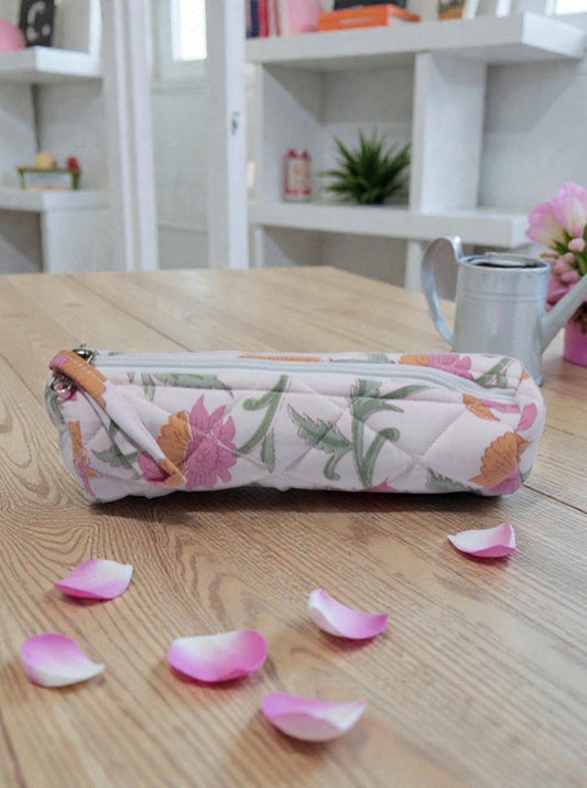 Floral Quilted Cotton Pencil Pouch – Pink Blooms
