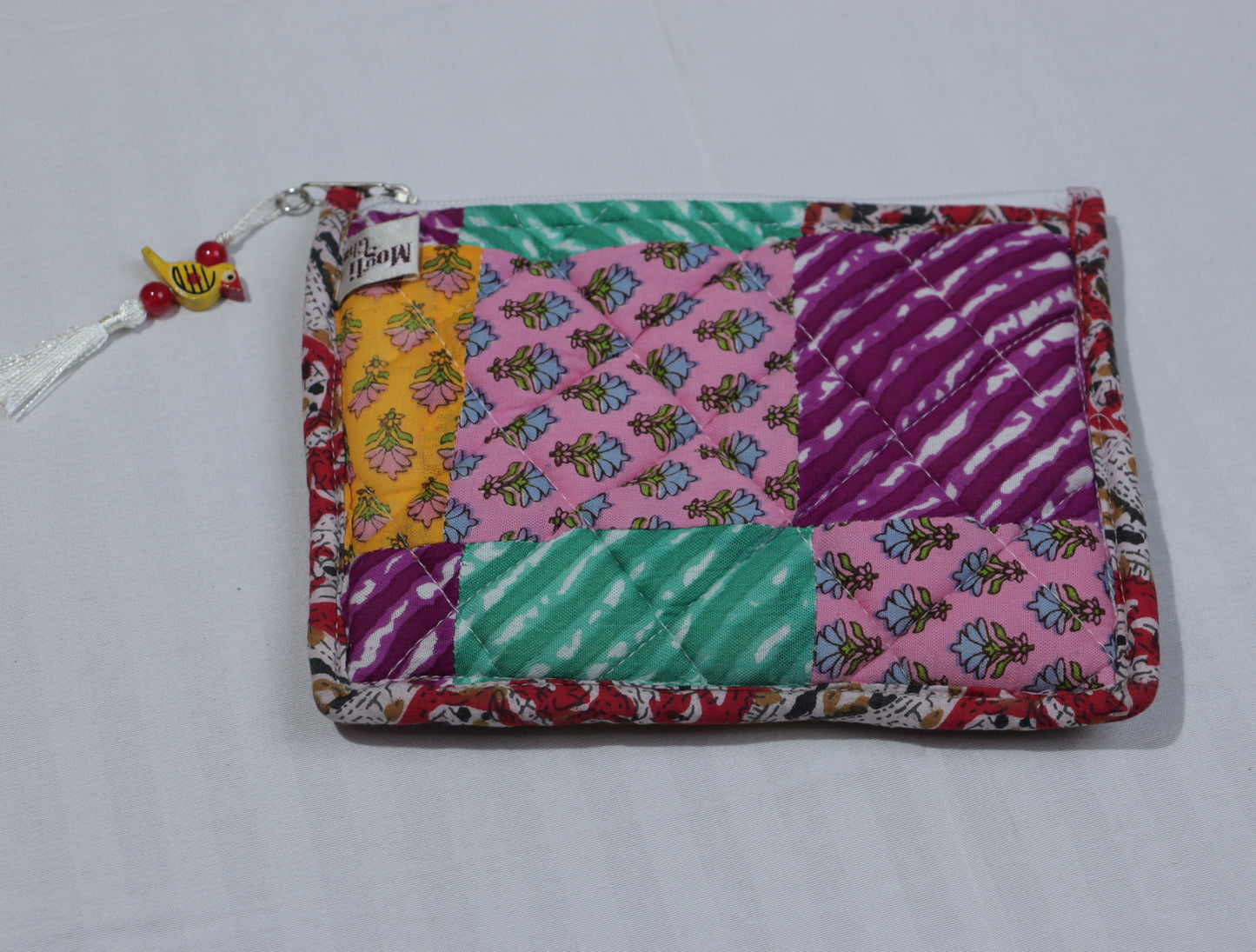 Handmade Patchwork Quilted Pouch | Multicolour Cotton Zip Pouch with Tassel | Travel, Makeup & Utility Pouch