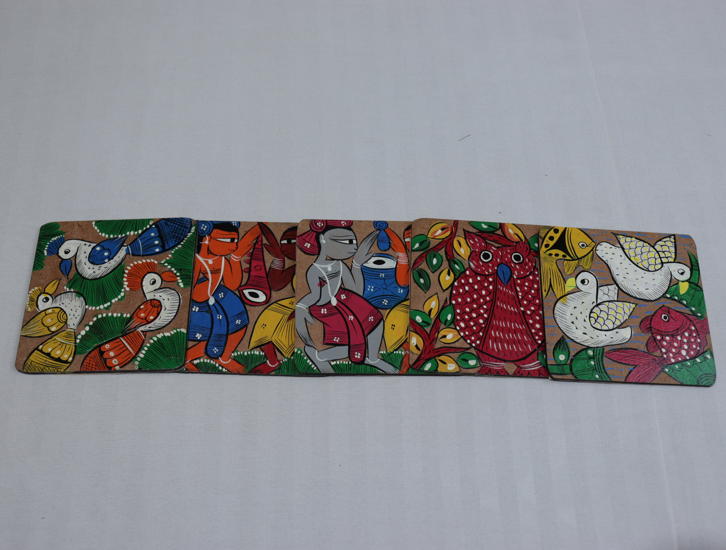 Hand-Painted Pattachitra Wooden Coasters – Set of 5 | Bengal Folk Art | Colourful Table Decor