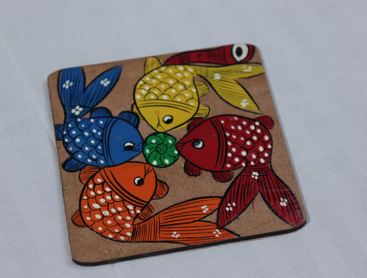 Handpainted Wooden Coaster Set – Multicolor Tribal Art (Set of 5)