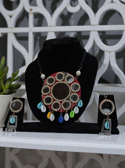 Handmade Fabric Kutch Mirror Necklace Set | Cowrie Shell Boho Jewellery | Multicolour Festive Set