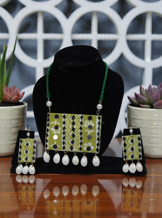 Handmade Fabric Mirror Necklace Set with Shell Drops | Green & White Boho Tribal Jewellery