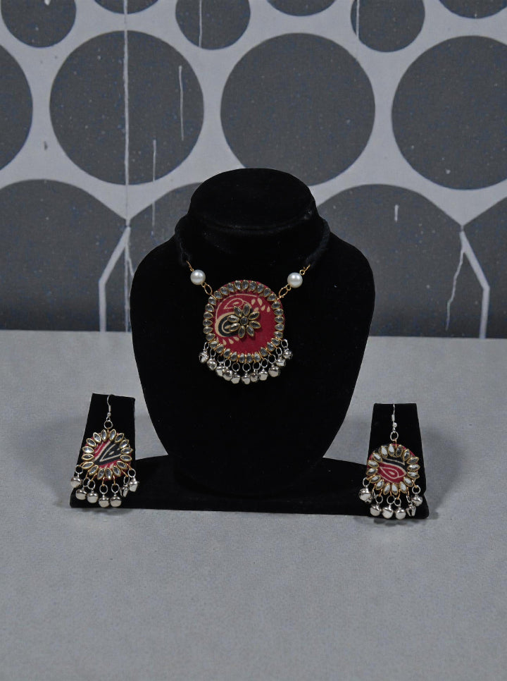 Handmade Fabric Kundan Necklace Set with Ghungroo Drops | Red & Black Ethnic Jewellery