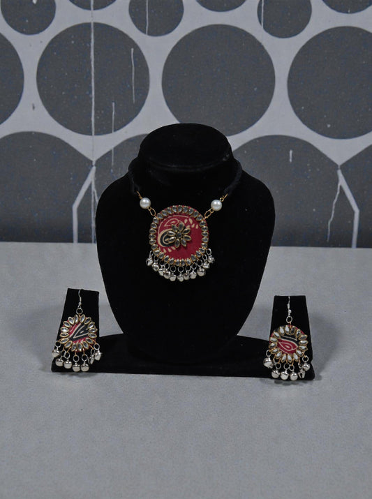 Handmade Fabric Kundan Necklace Set with Ghungroo Drops | Red & Black Ethnic Jewellery