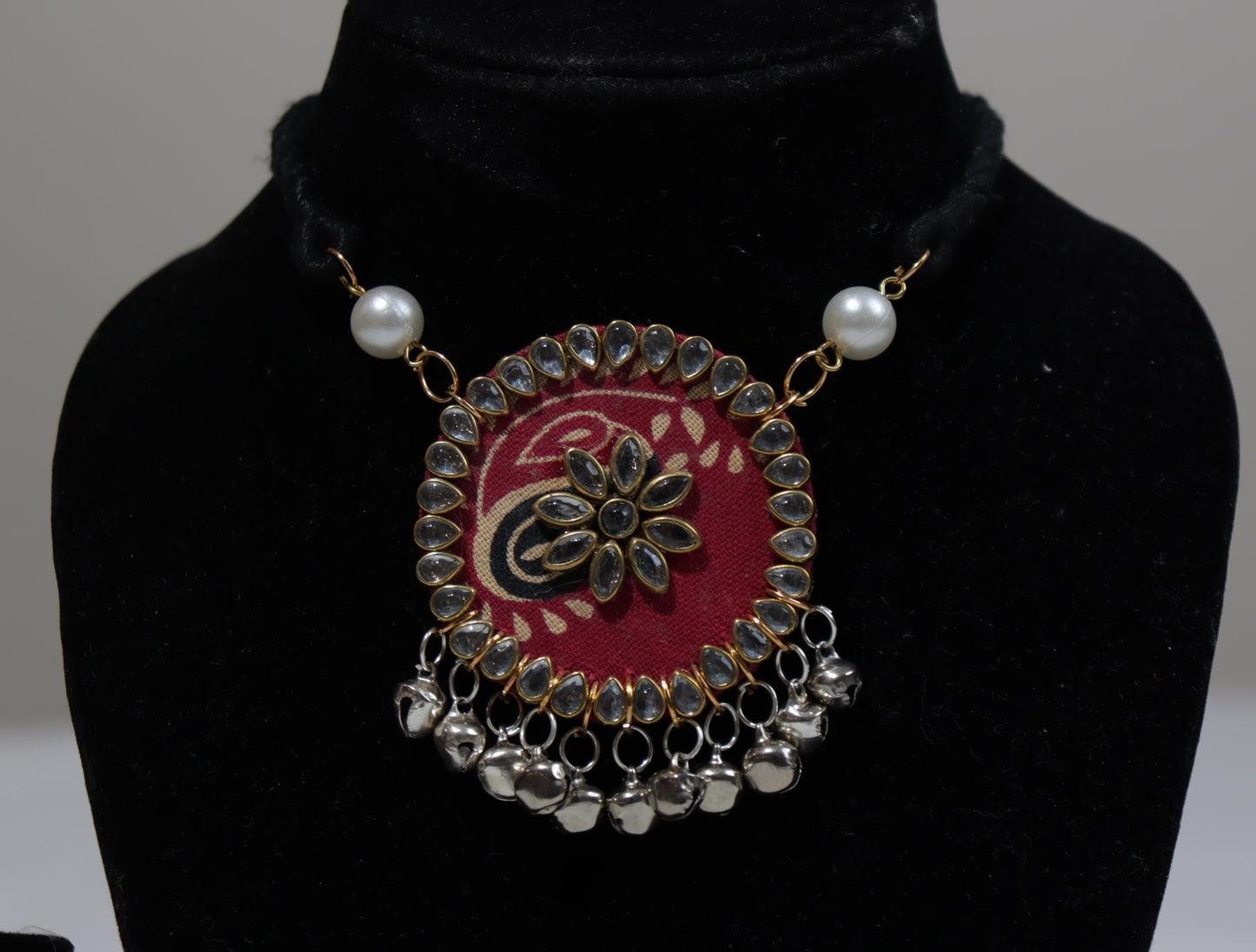 Handmade Fabric Kundan Necklace Set with Ghungroo Drops | Red & Black Ethnic Jewellery