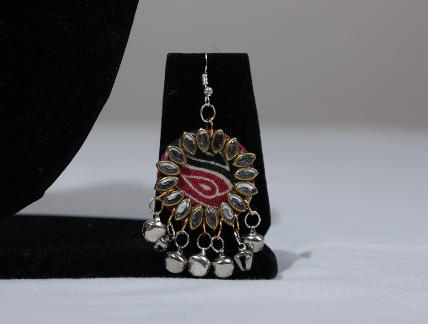 Handmade Fabric Kundan Necklace Set with Ghungroo Drops | Red & Black Ethnic Jewellery