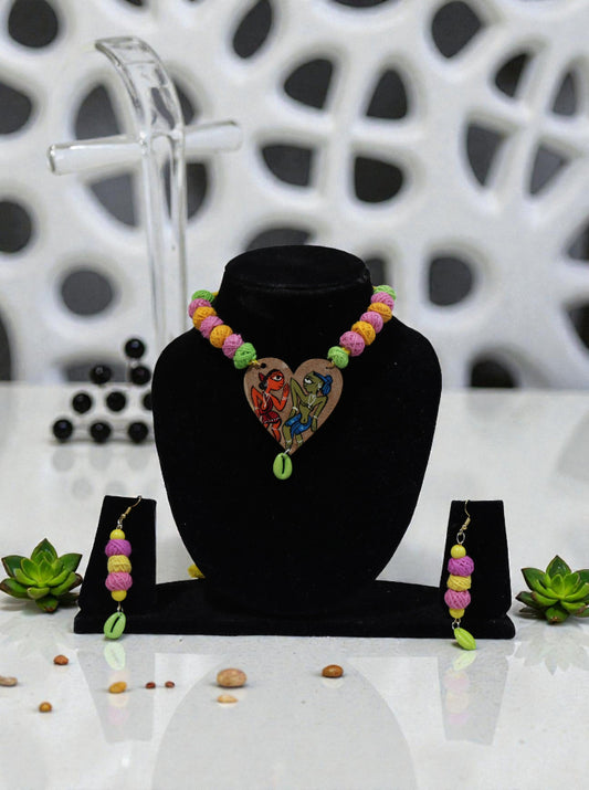 Handpainted Pattachitra Style Heart Pendant Necklace Set | Multicolor Thread Beads | Handmade Fabric Jewelry