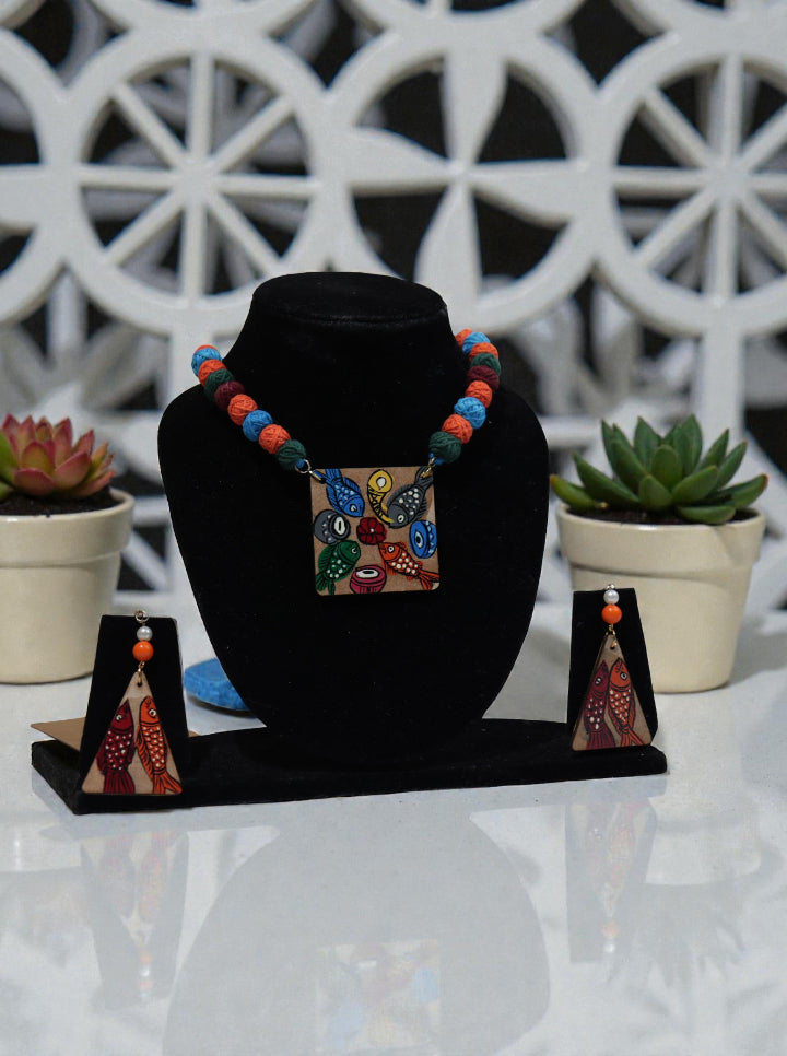 Handpainted Pattachitra Style Fish Art Necklace Set | Multicolor Thread Beads | Handmade Tribal Jewelry