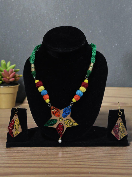 Handpainted Pattachitra Fish Art Star Pendant Necklace Set | Multicolor Crochet Beads | Handmade Boho Jewellery
