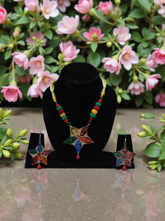 Handpainted Pattachitra Star Pendant Necklace Set | Multicolour Crochet Beads | Tribal Folk Art Jewellery