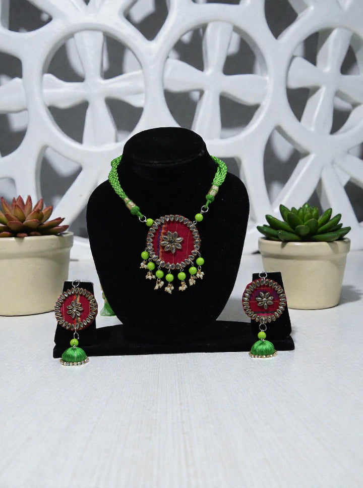 Handcrafted Fabric Necklace Set with Thread Jhumkas | Red–Green Tribal Fusion Jewellery | Mirror Work Pendant