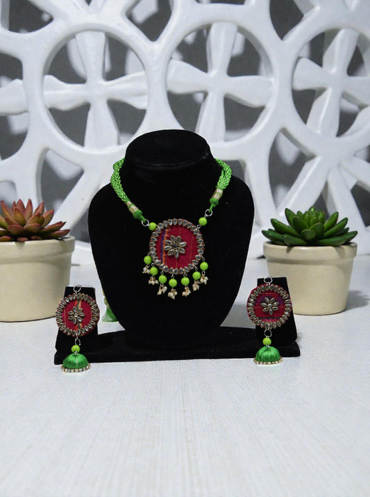 Handcrafted Fabric Necklace Set with Thread Jhumkas | Red–Green Tribal Fusion Jewellery | Mirror Work Pendant