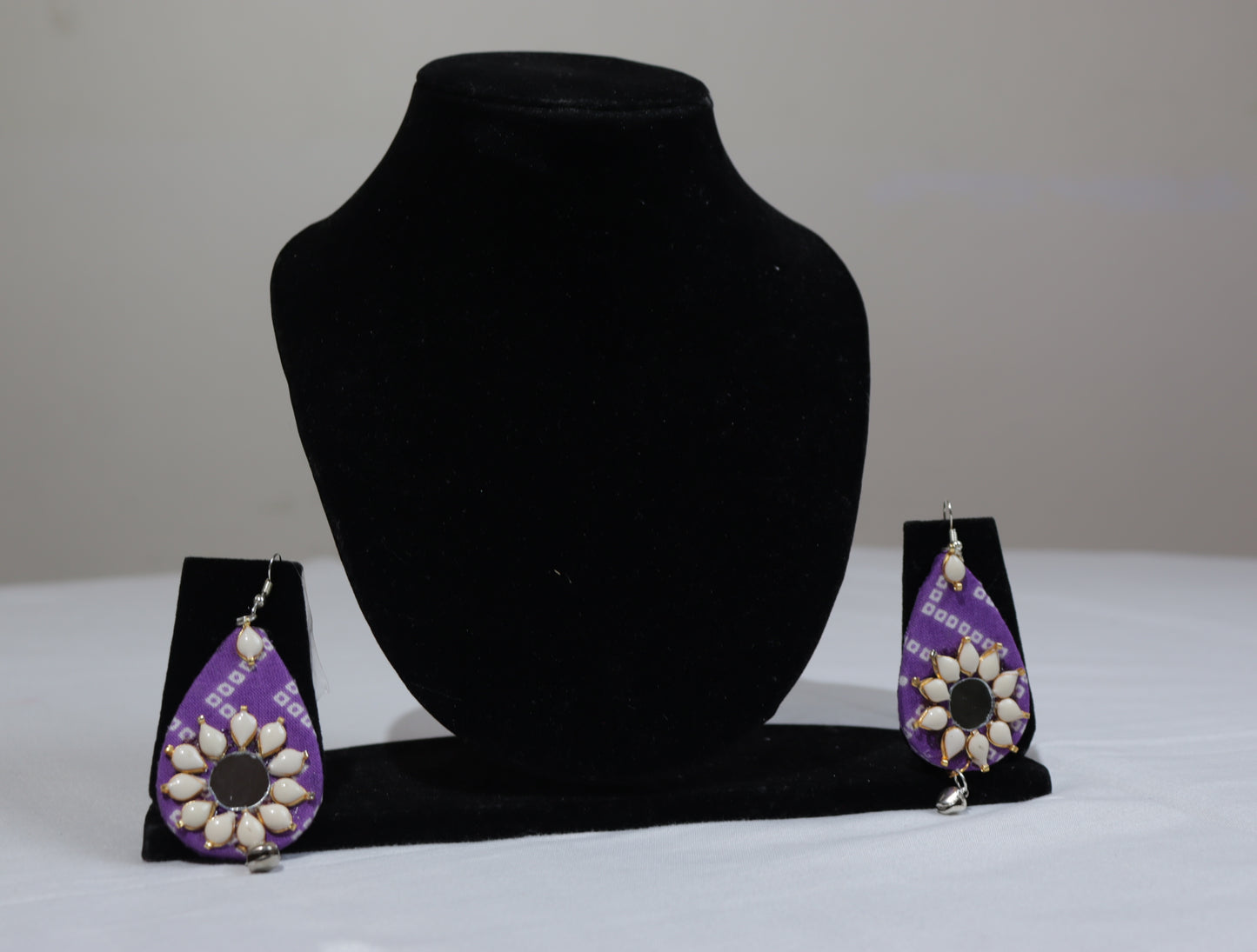 Handcrafted Purple Fabric Mirror-Work Earrings | Lightweight Ethnic Teardrop Earrings with White Beads & Ghungroo