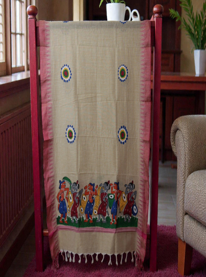 Handpainted Pattachitra Cotton Dupatta – Folk Art Elegance