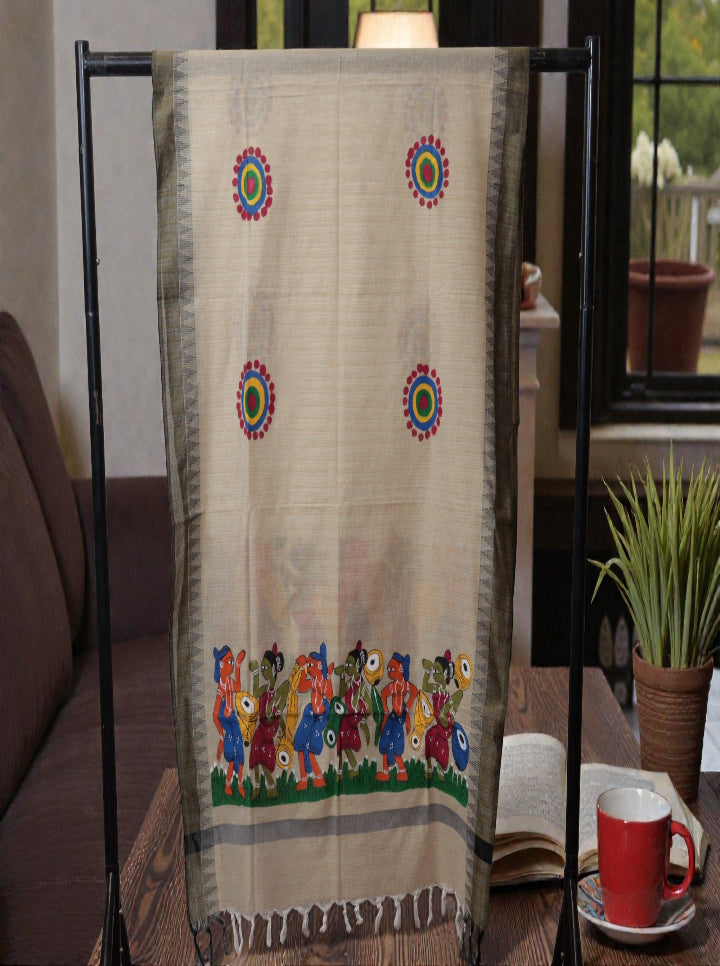 Bengal Pattachitra Handpainted Dupatta – Tribal Dance Motif