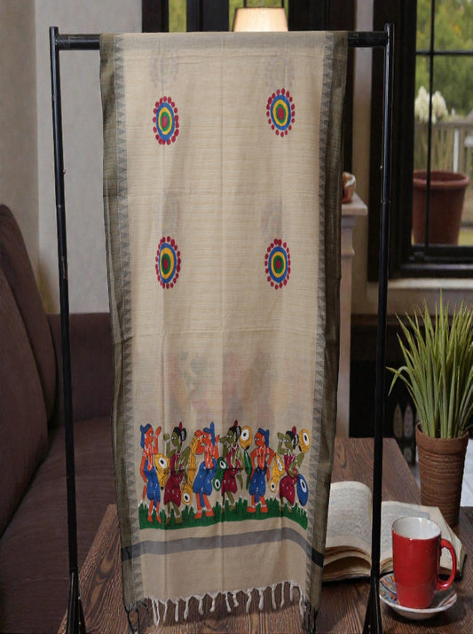 Bengal Pattachitra Handpainted Dupatta – Tribal Dance Motif