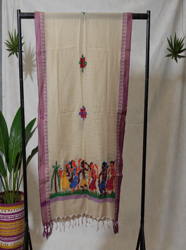 Bengal Pattachitra Hand-Painted Dupatta – Folk Dance Motif