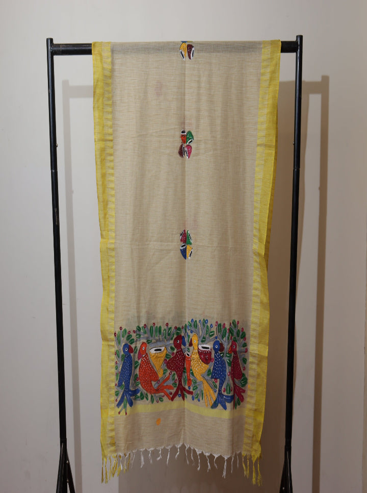 Bengal Pattachitra Hand-Painted Dupatta – Bird Motif | Pure Cotton | Yellow Border