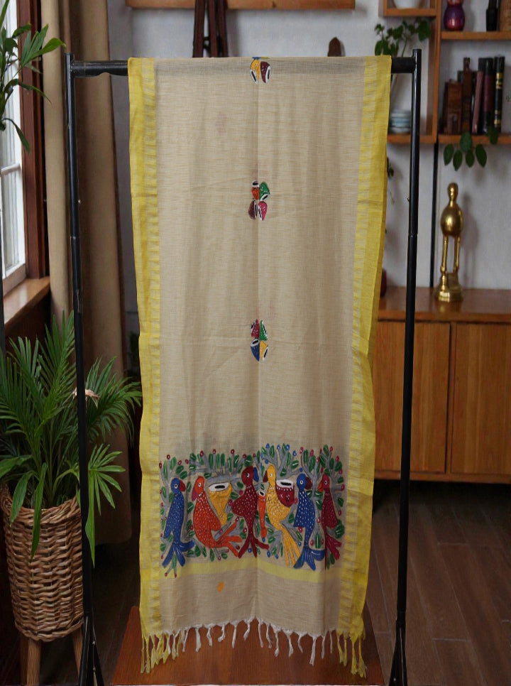 Bengal Pattachitra Hand-Painted Dupatta – Bird Motif | Pure Cotton | Yellow Border