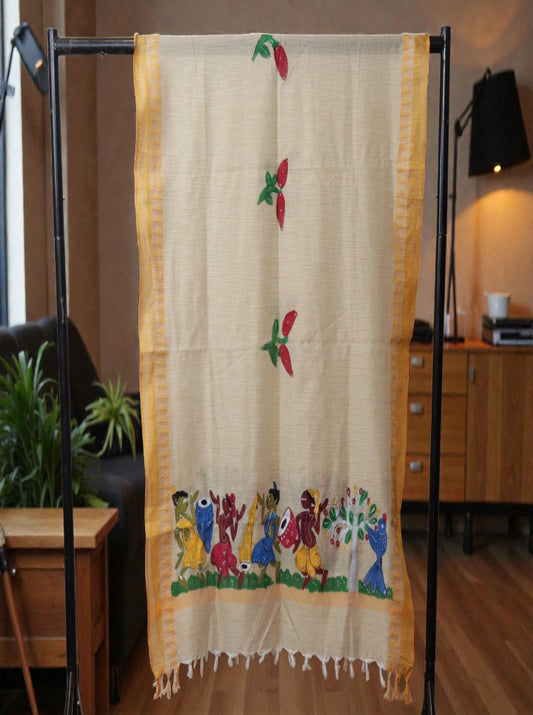 Handcrafted Bengal Pattachitra Dupatta – Yellow Border Edition