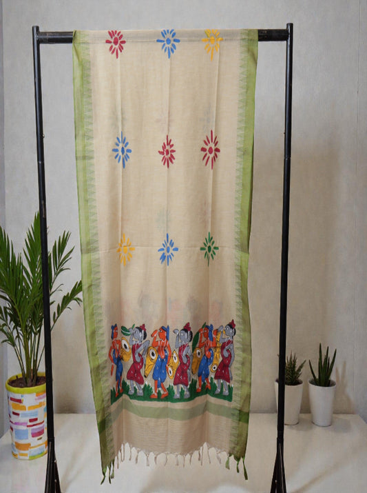 Handcrafted Bengal Pattachitra Dupatta – Green Border Edition