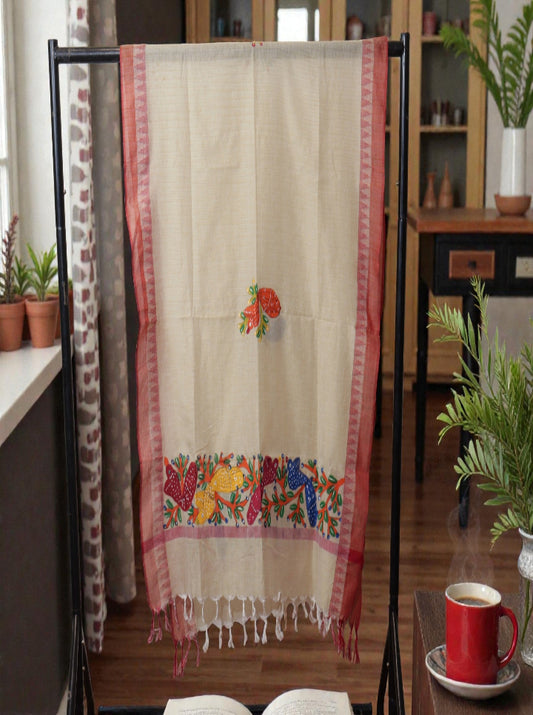 Hand-Painted Bengal Pattachitra Dupatta – Red Border | Floral Folk Art Motif