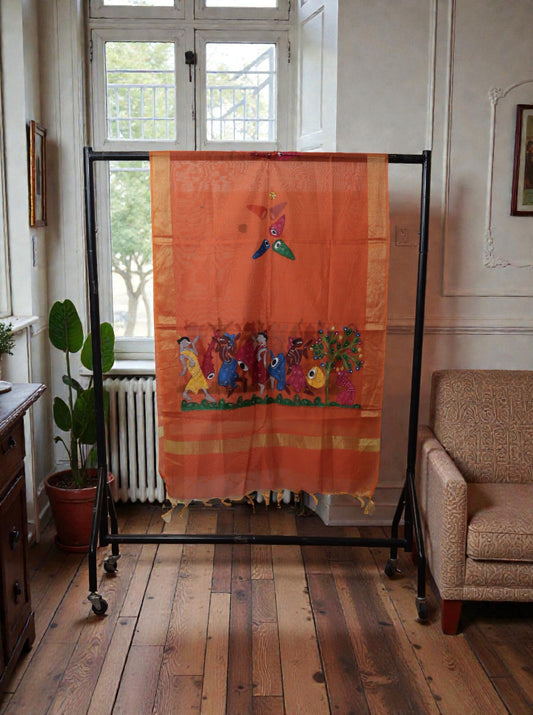 Hand-Painted Bengal Pattachitra Dupatta – Orange with Gold Border | Tribal Folk Dance Motif