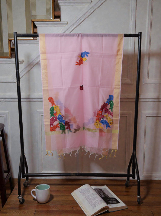 Hand-Painted Bengal Pattachitra Dupatta – White with Gold Border | Colorful Fish Motif