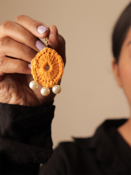Handmade Dark Yellow Crochet Earrings with Pearl – Timeless Elegance