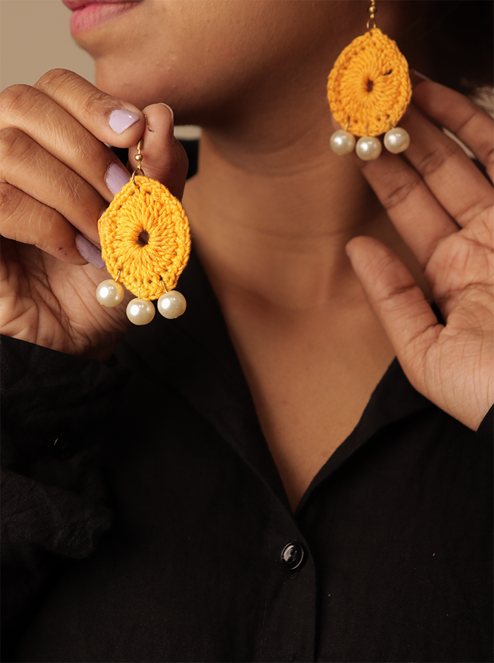 Handmade Dark Yellow Crochet Earrings with Pearl – Timeless Elegance
