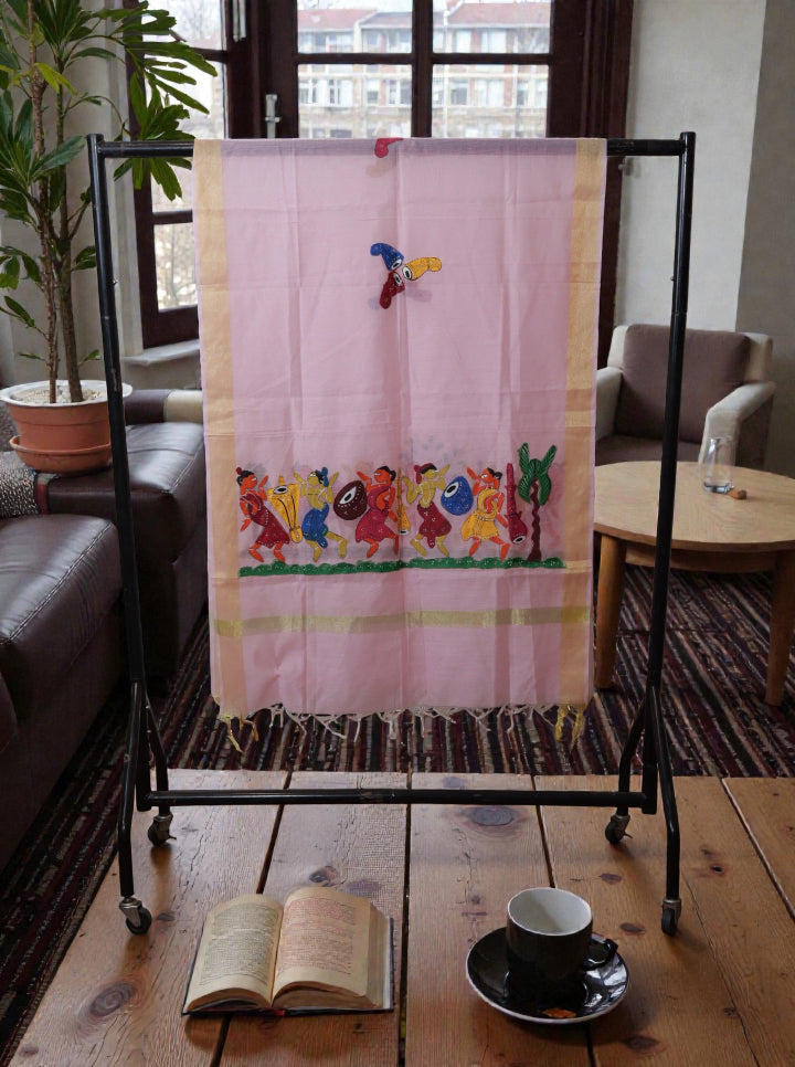 Hand-Painted Bengal Pattachitra Dupatta – White with Gold Border | Folk Dance Motif