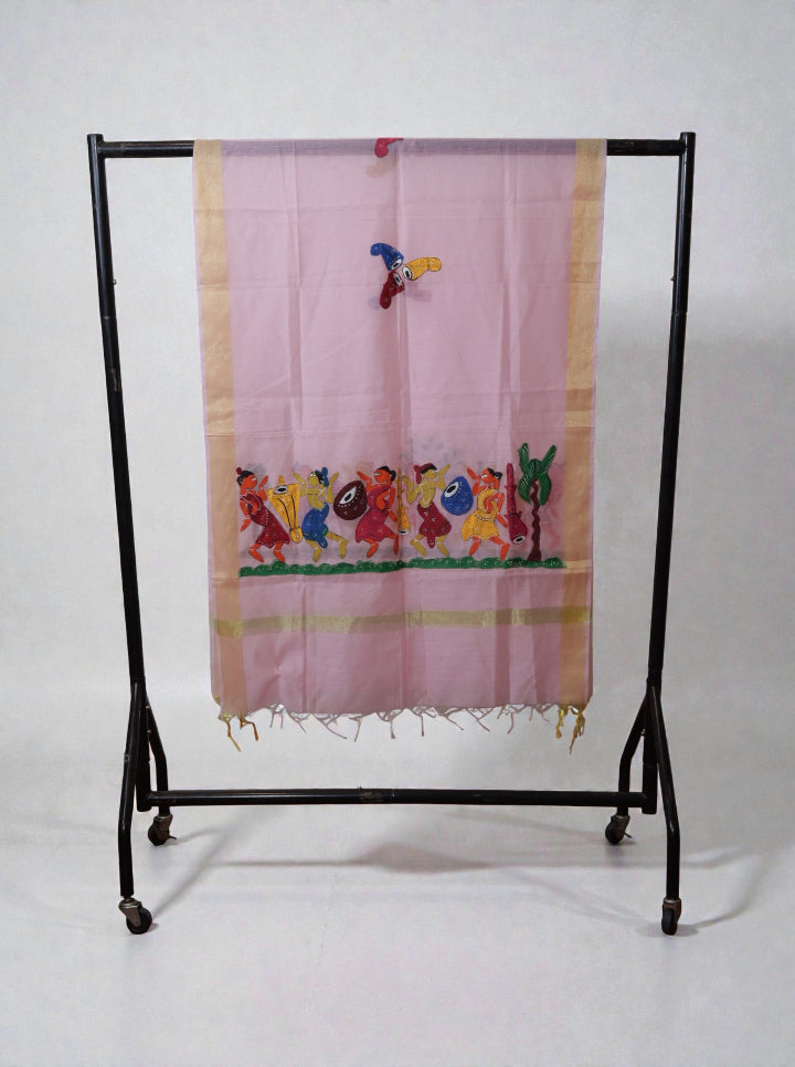Hand-Painted Bengal Pattachitra Dupatta – White with Gold Border | Folk Dance Motif