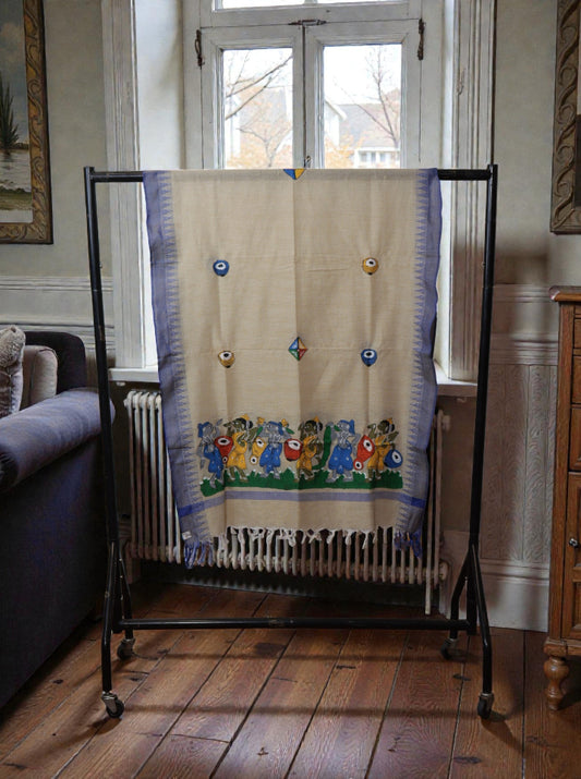 Hand-Painted Bengal Pattachitra Dupatta – Folk Dance Motif | Blue Border