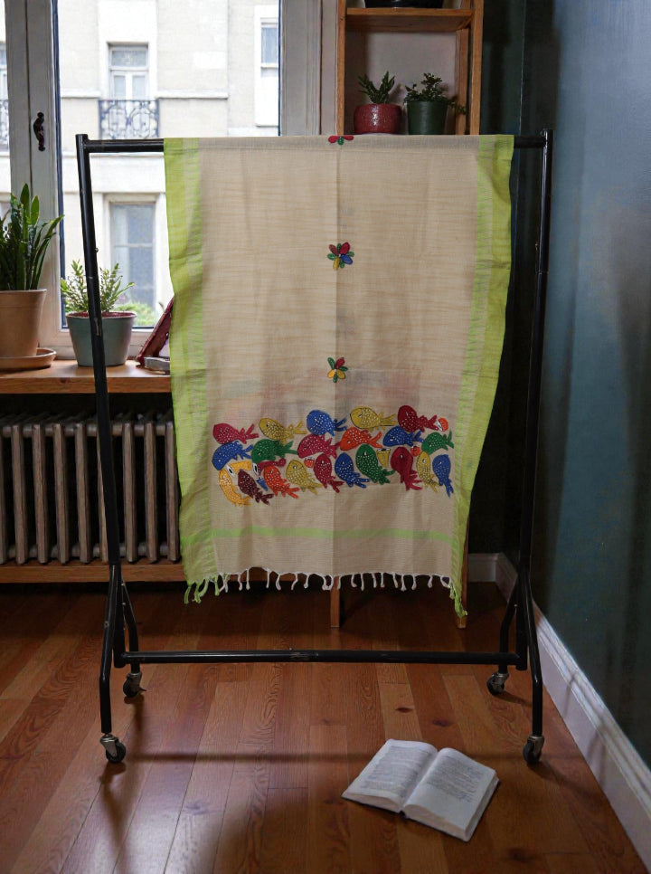 Hand-Painted Bengal Pattachitra Dupatta – Multicolour Fish Motif | Lime Green Border