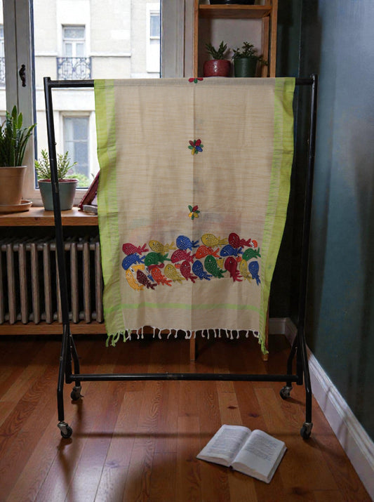Hand-Painted Bengal Pattachitra Dupatta – Multicolour Fish Motif | Lime Green Border