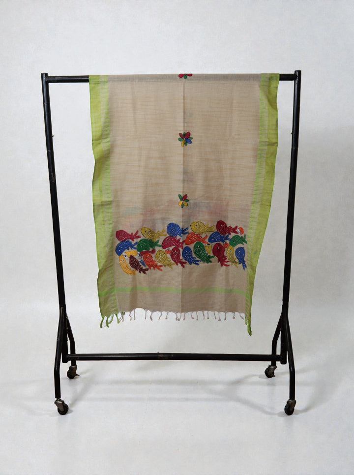 Hand-Painted Bengal Pattachitra Dupatta – Multicolour Fish Motif | Lime Green Border