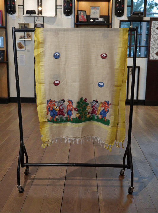 Hand-Painted Folk Dance Dupatta – White Base with Yellow Border