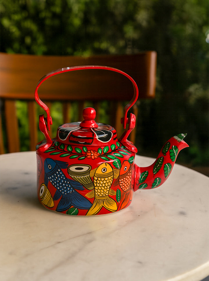 Pattachitra Hand-Painted Kettle – A Timeless Work of Art (Red)