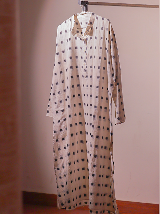 White Handblock Kurta with Black Square Motif – Minimal Meets Timeless