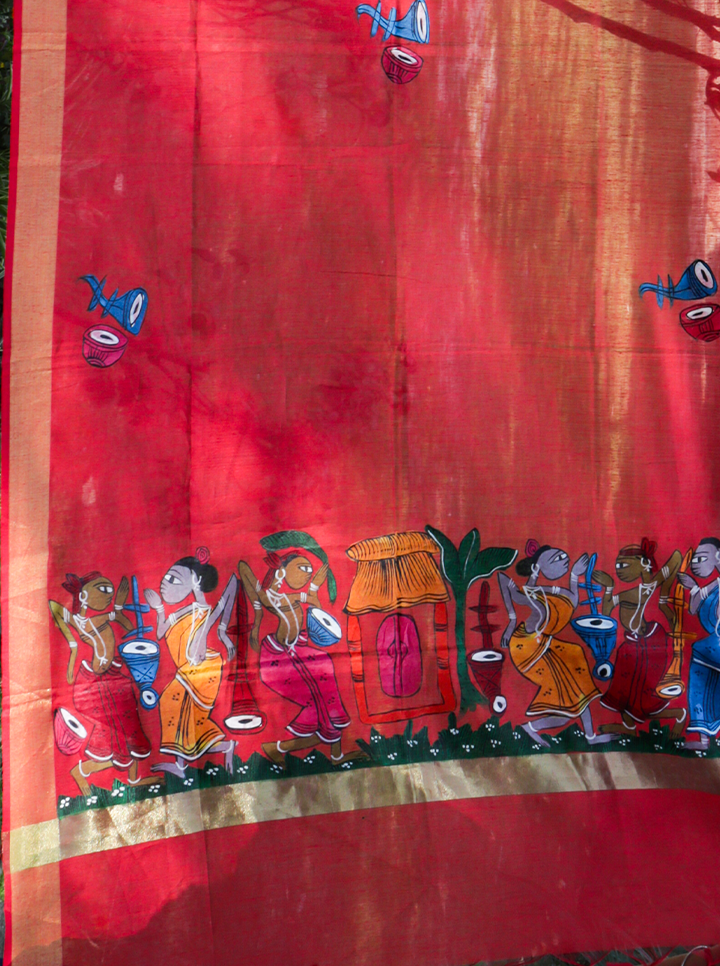 Handmade Pattachitra Dupatta - (Red)