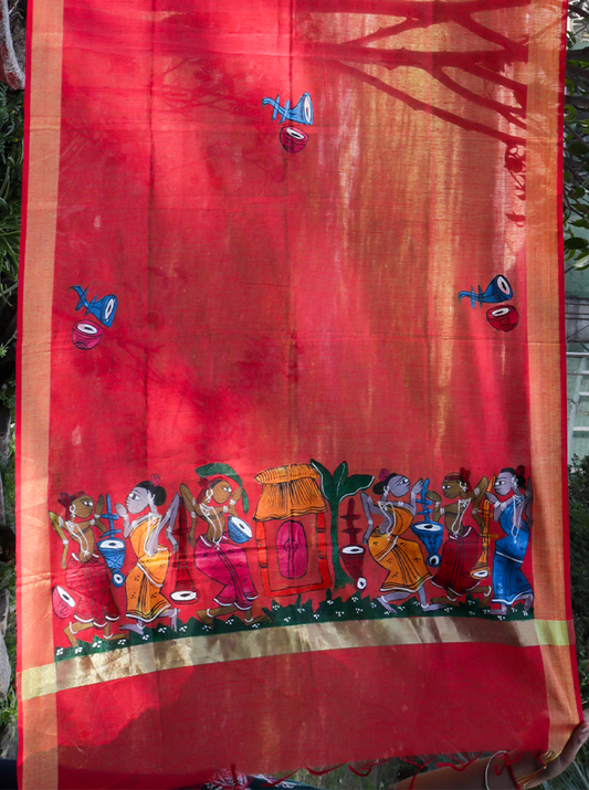 Handmade Pattachitra Dupatta - (Red)