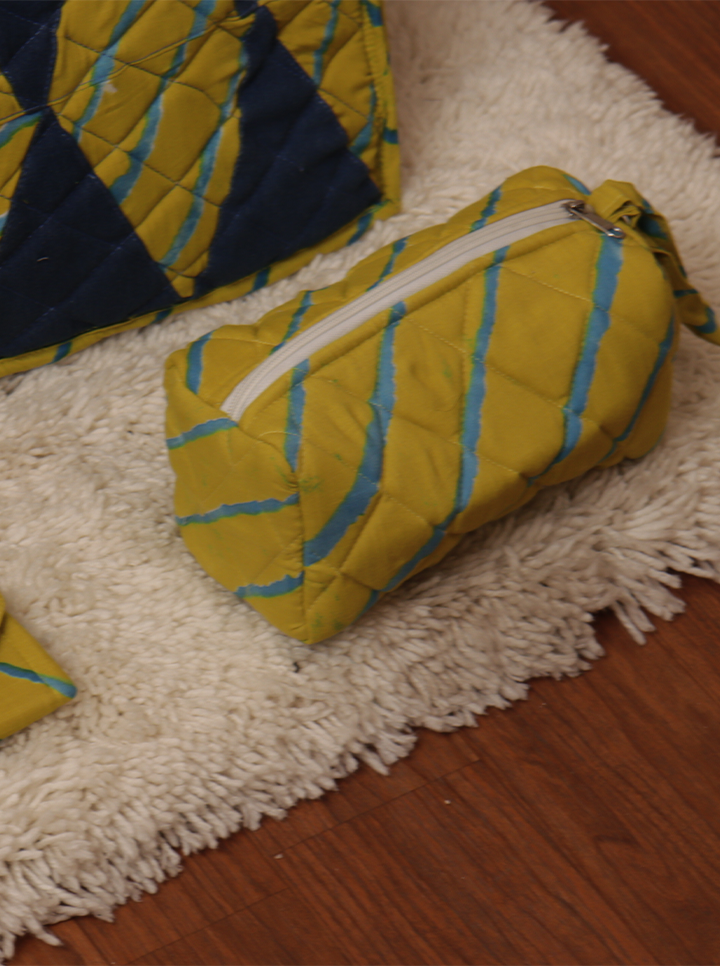 Handmade Quilted Bag Combo – 3-Piece Set (Navy Blue &amp; Yellow)