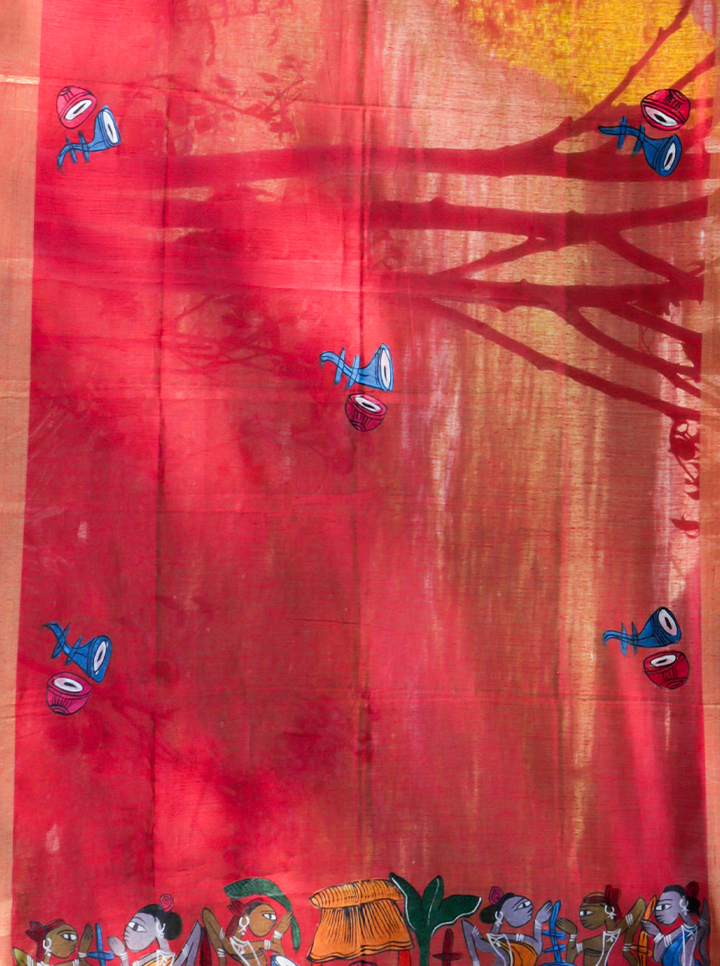 Handmade Pattachitra Dupatta - (Red)